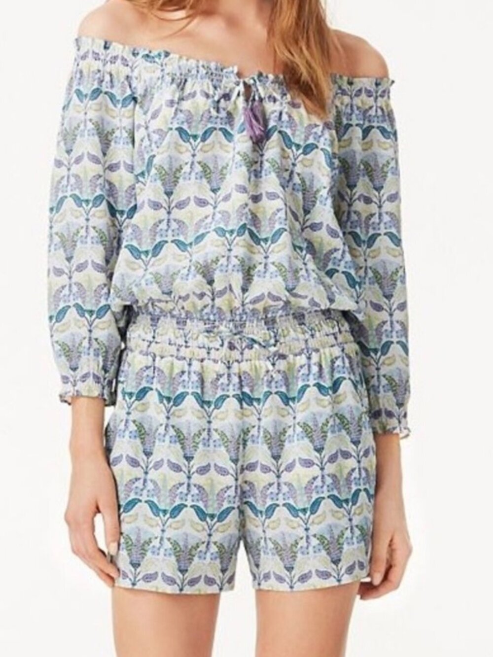 Tory Burch Romper Provence Pompeii Mosaic Silk Off The Shoulder White Size Small